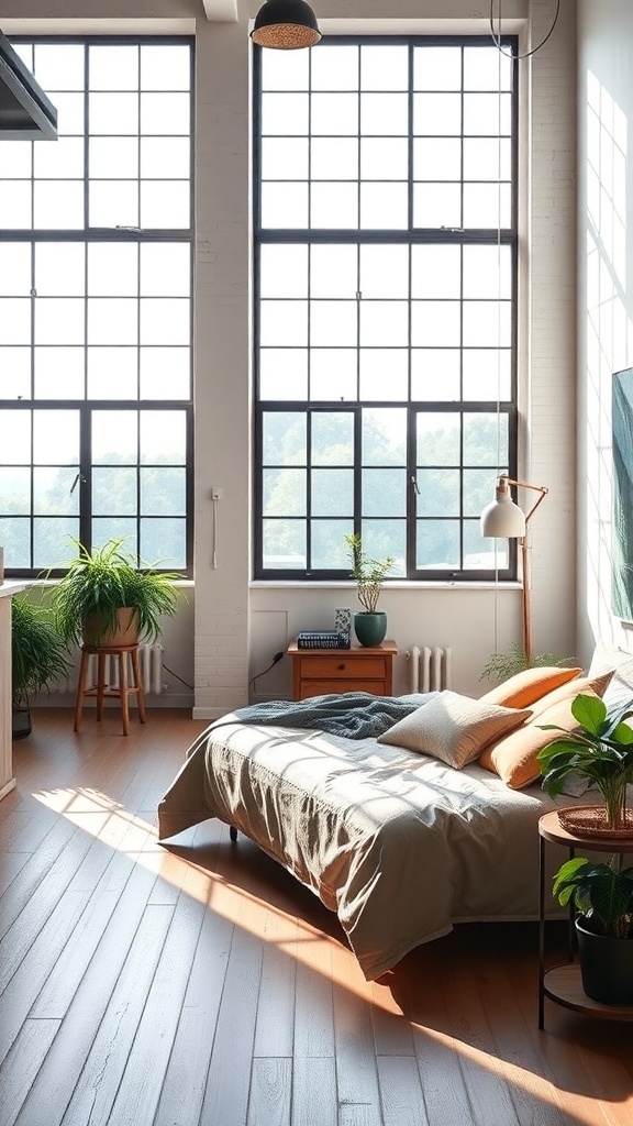 A stylish loft bedroom with large windows allowing natural light, featuring a bed, plants, and wooden flooring.
