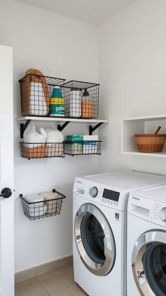 Laundry room with wall-mounted wire baskets holding cleaning supplies.