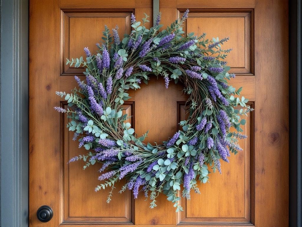 A lavender and eucalyptus wreath hanging on a wooden door