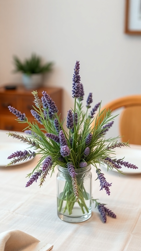 A glass jar filled with lavender and rosemary sprigs, serving as a centerpiece on a table.