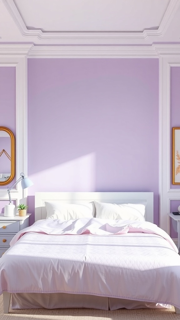 A cozy bedroom with lavender walls, white bedding, and natural light.
