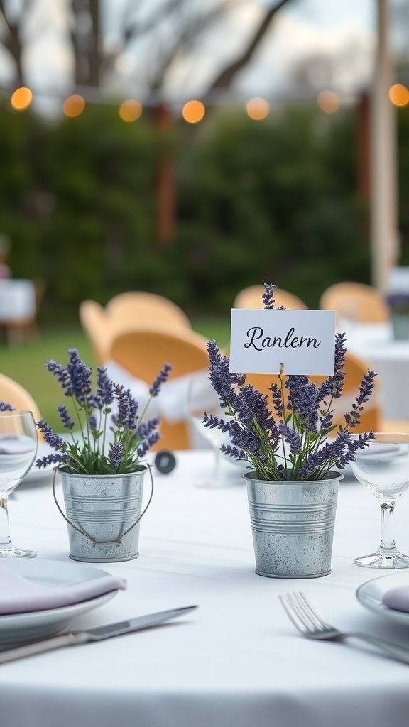 Two metal buckets filled with faux lavender, each with a place card on a spring table setting.