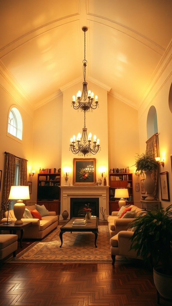 Living room with cathedral ceilings featuring a grand chandelier, warm ambient lighting, and cozy furnishings.