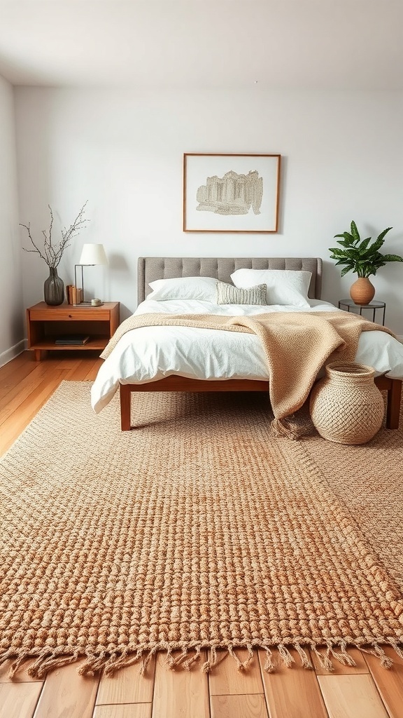 A cozy bedroom featuring a layered area rug on wooden flooring, with a bed and decorative elements.