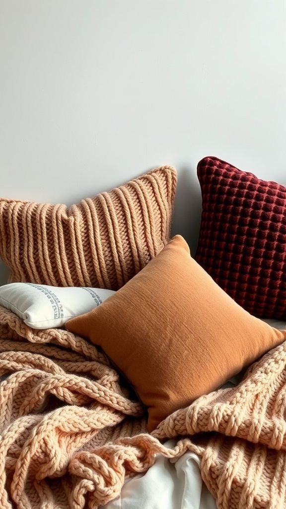 A cozy arrangement of chunky knit and velvet pillows in warm autumn colors.