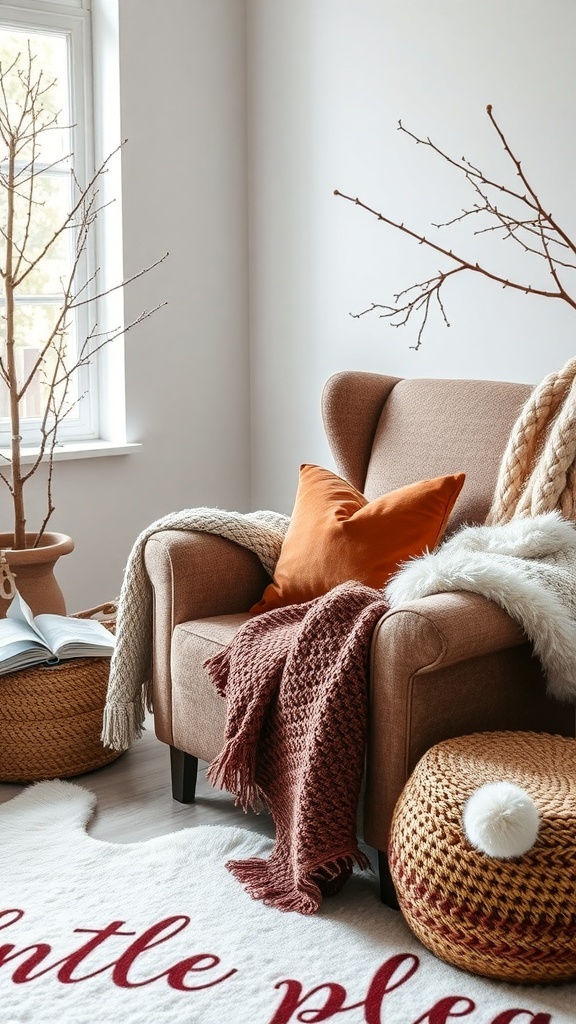 Cozy reading nook with a warm armchair, soft blankets, and decorative elements