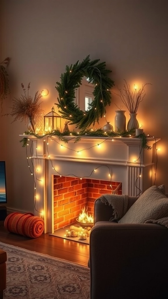 A cozy living room with a fireplace decorated with fairy lights and a wreath.