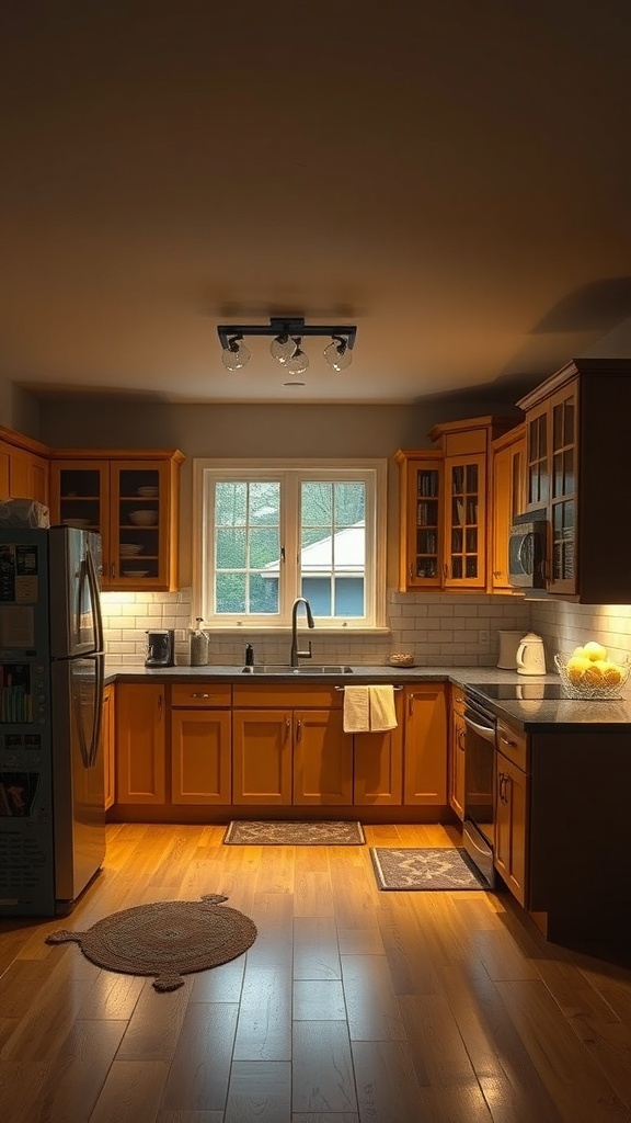 A cozy kitchen with warm lighting, showcasing overhead track lights and under-cabinet illumination, enhancing the wood cabinetry and countertops.