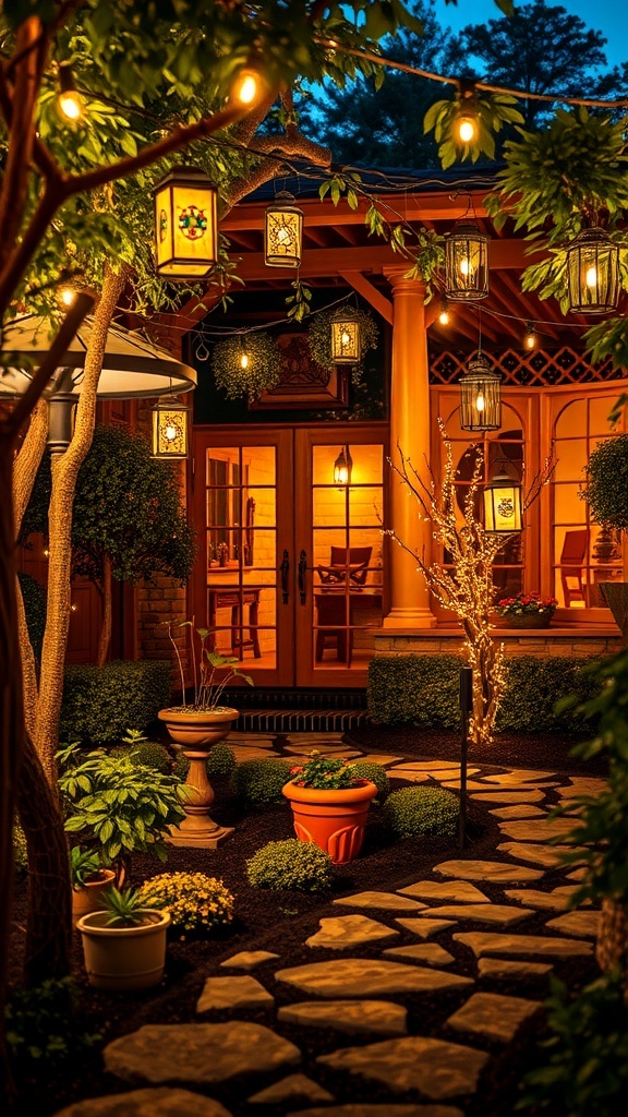 A beautifully lit backyard with string lights and lanterns creating a cozy atmosphere.
