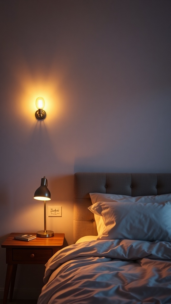 A cozy minimalist bedroom with layered lighting, featuring a bedside lamp and a wall sconce.