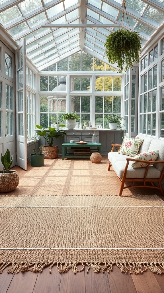 A bright conservatory with layered rugs, showcasing natural light and greenery.