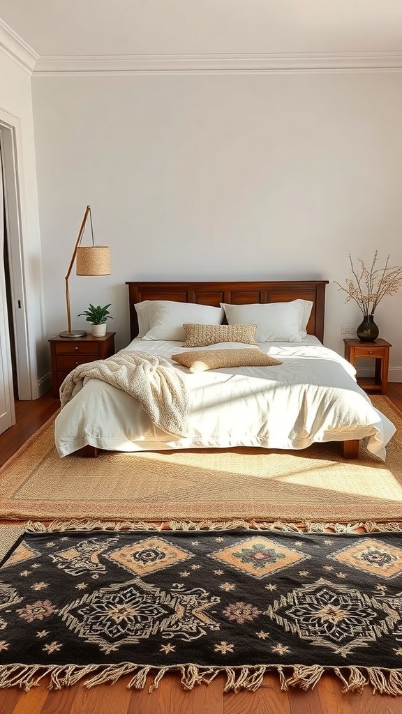 A cozy bedroom with layered rugs, featuring a dark patterned rug over a lighter jute rug, creating a warm and inviting atmosphere.