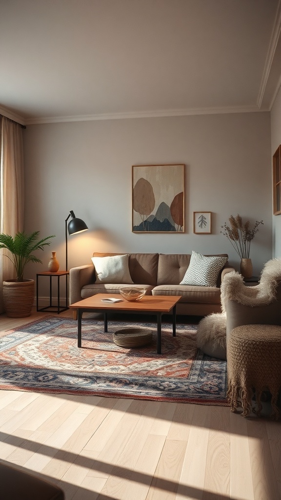 A cozy living room with layered rugs, soft furnishings, and warm lighting.