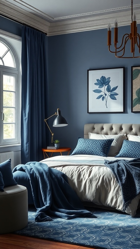 A dark feminine bedroom featuring layered shades of blue with plush fabrics and elegant decor.