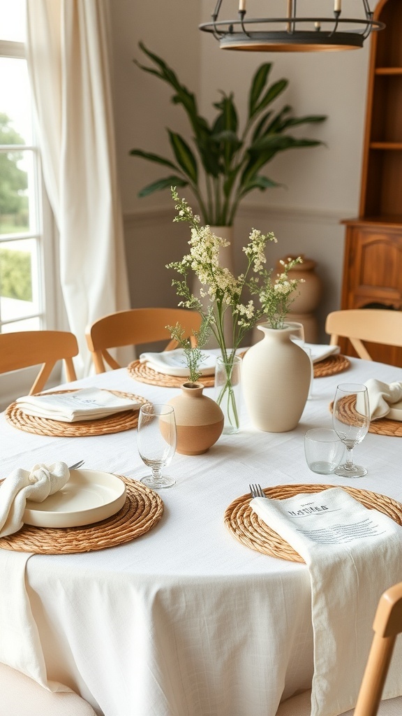 A spring table setting featuring a linen tablecloth, rattan chargers, ceramic dishes, and delicate floral arrangements.