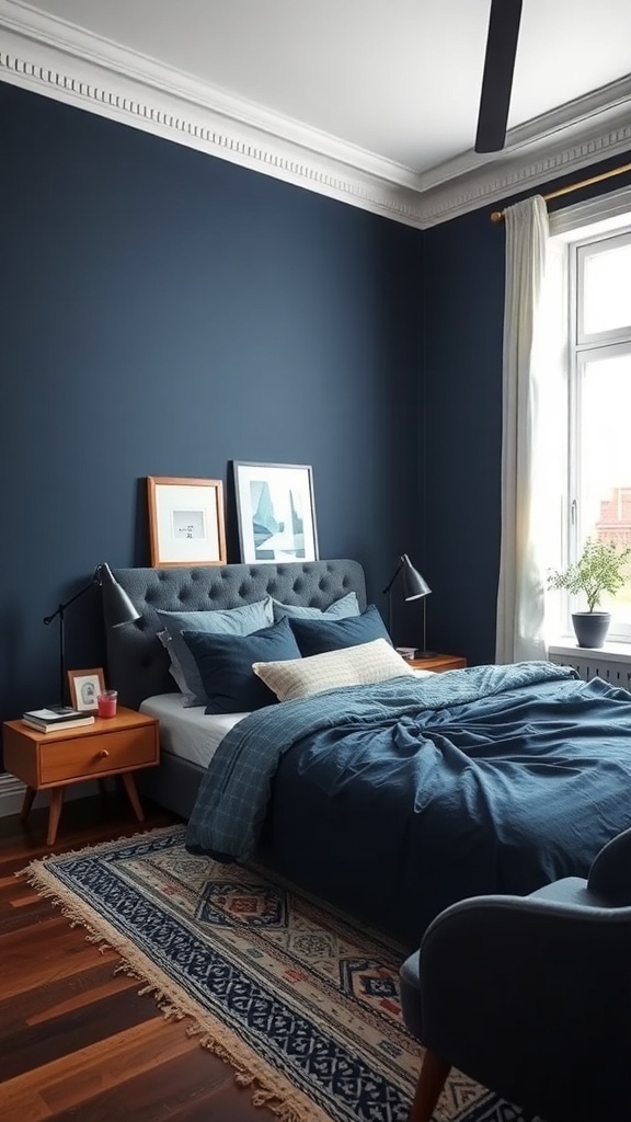 A modern navy blue bedroom featuring layered accents with navy bedding, wooden nightstands, and decorative wall art.