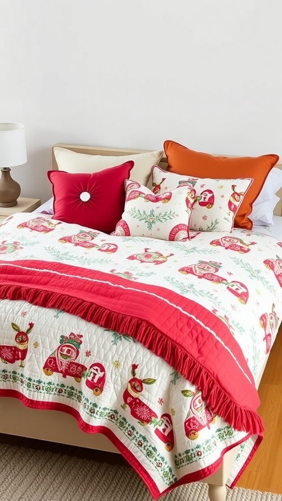 A cozy bed with layered bedding featuring a festive quilt and colorful pillows.