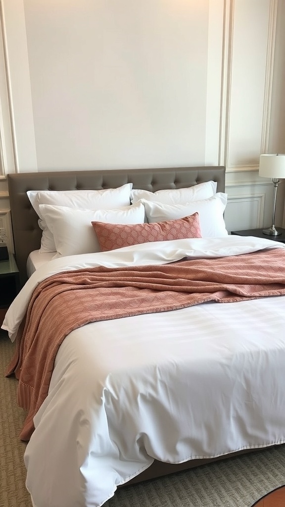 A cozy bed with layered blankets, featuring a soft pink throw over a white duvet.