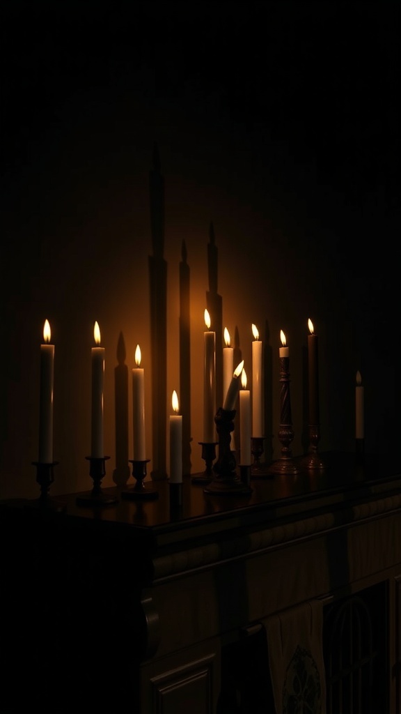 Clustered candles of various heights casting eerie shadows
