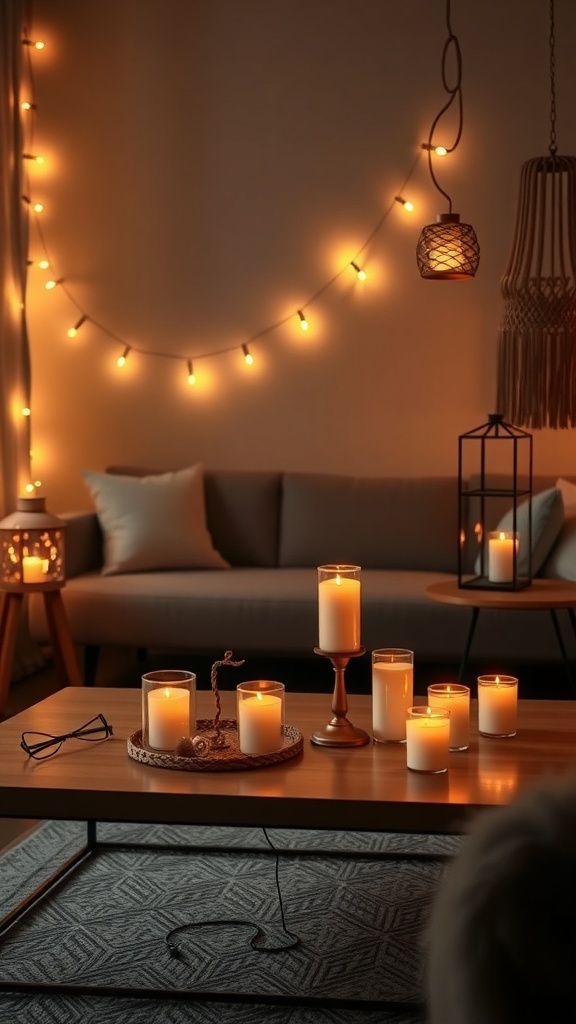 A cozy living room with layered lighting including candles, string lights, and a woven lantern, creating a warm atmosphere.