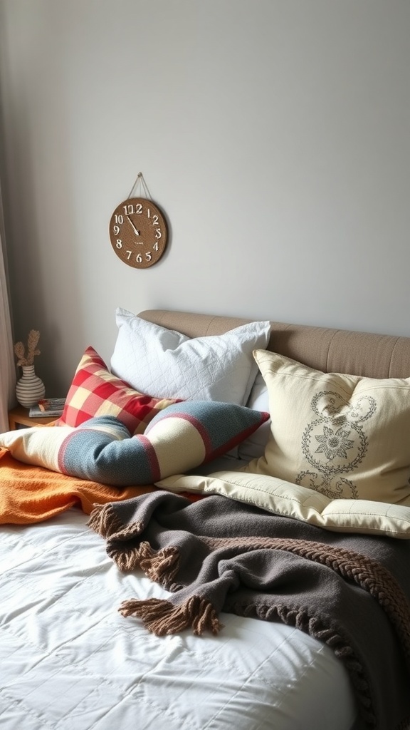 A cozy bed with layered textiles including colorful pillows and warm throws.