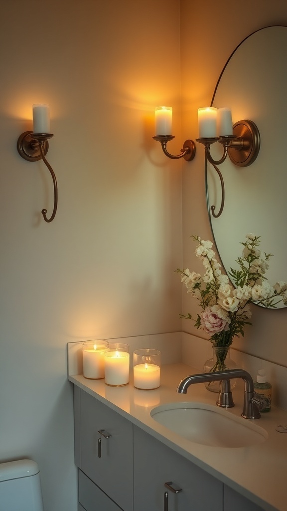 A bathroom with warm dimmable lighting from sconces and candles, featuring a mirror and floral arrangement.