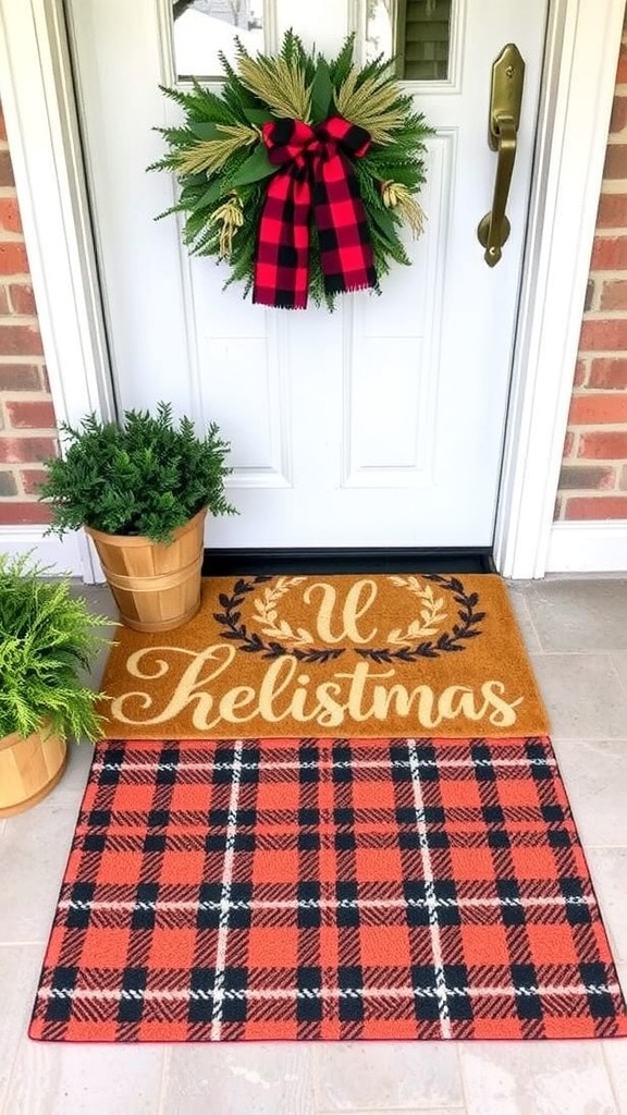 Layered doormats at a festive entryway, featuring an orange mat with text over a plaid mat.