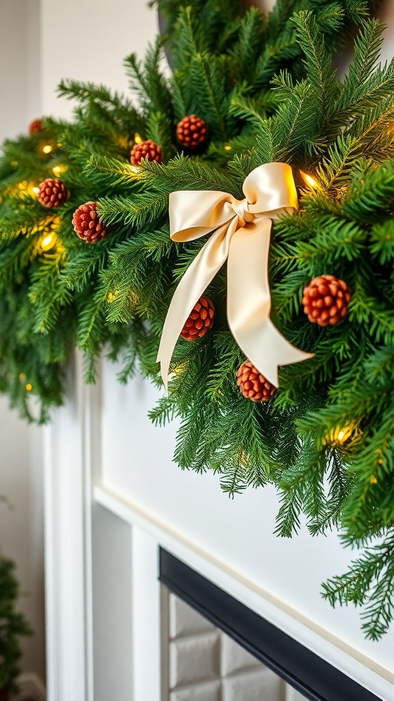 A beautifully layered evergreen garland on a mantel, decorated with pinecones, lights, and a satin ribbon bow.