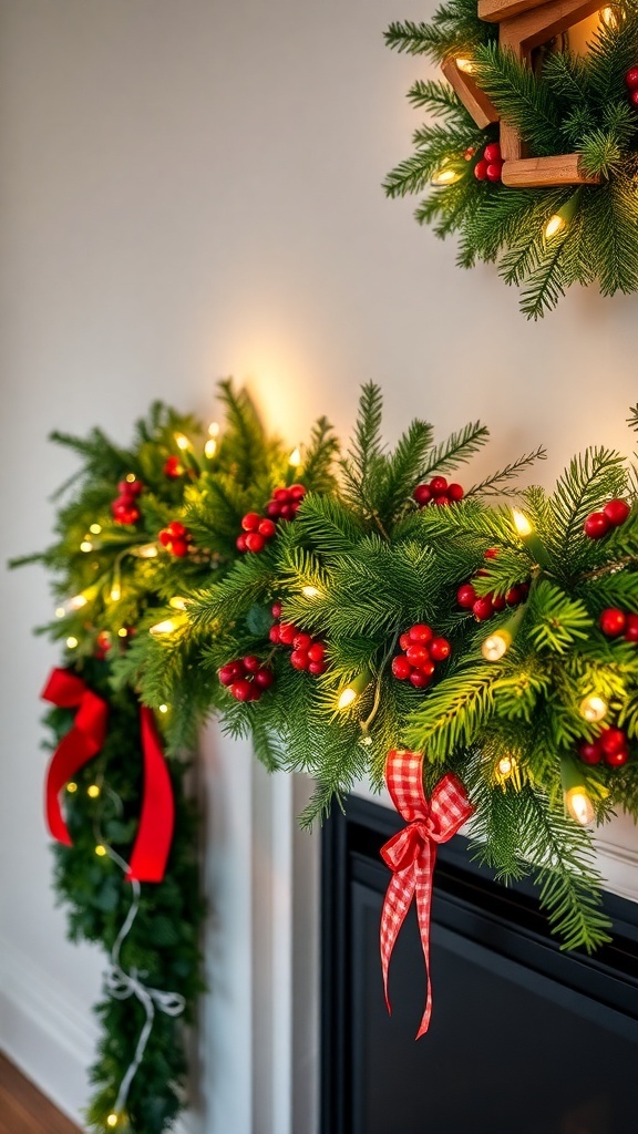 A beautifully decorated mantel with layered garland, red berries, and twinkling lights.