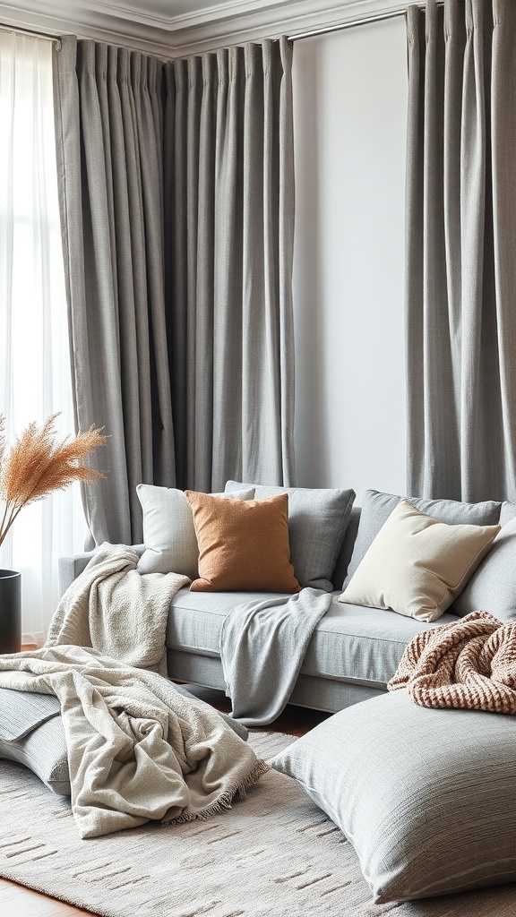 A cozy living room with layered grey fabrics including a sofa, pillows, and curtains.