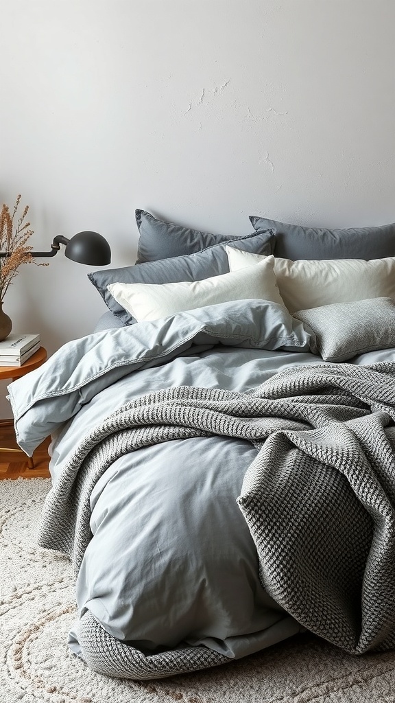 A cozy bed with layered grey textiles, including a duvet, pillows, and a knitted throw.