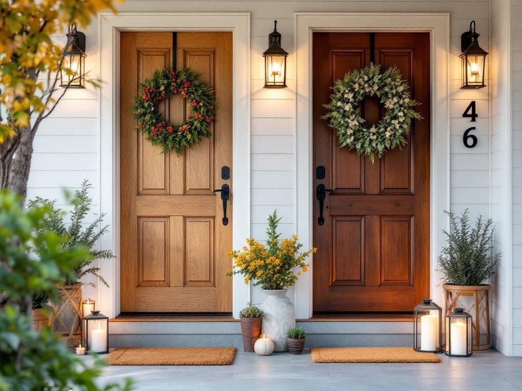 Two front doors with wreaths, lanterns, and plants, showcasing layered Halloween decor.