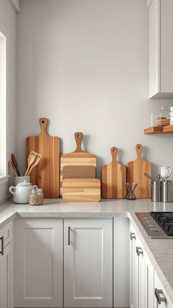 Layered kitchen decor with wooden cutting boards and utensils in a corner