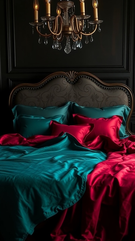 A bed with layered jewel tone bedding in emerald green and deep ruby, featuring a decorative headboard and a chandelier above.