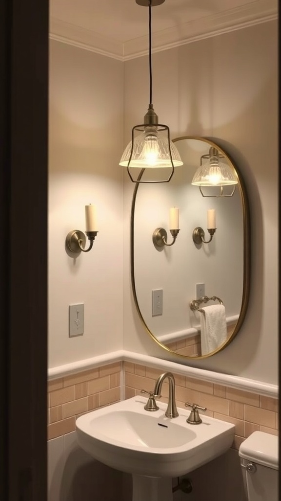 A stylish powder room featuring layered lighting with a pendant light and wall sconces, highlighting an elegant mirror and sink.
