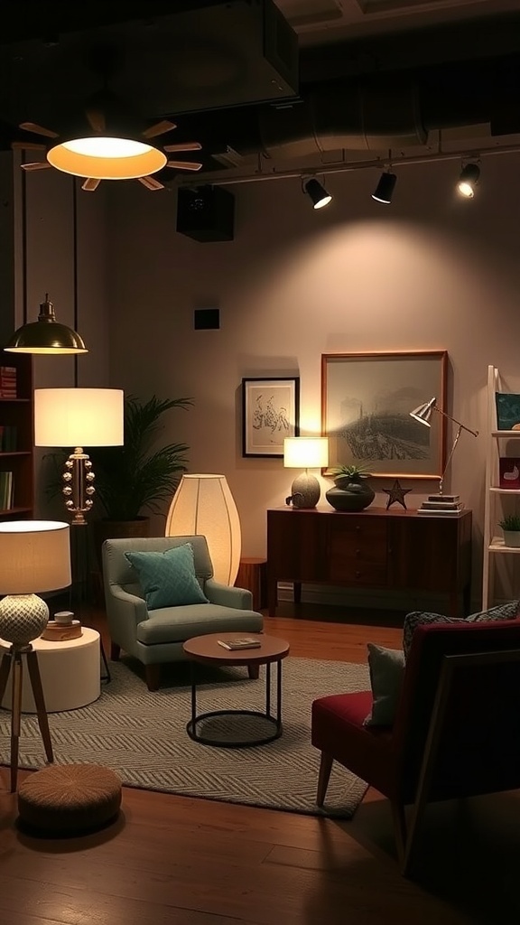 A cozy living room showcasing layered lighting with various light fixtures and comfortable furniture.