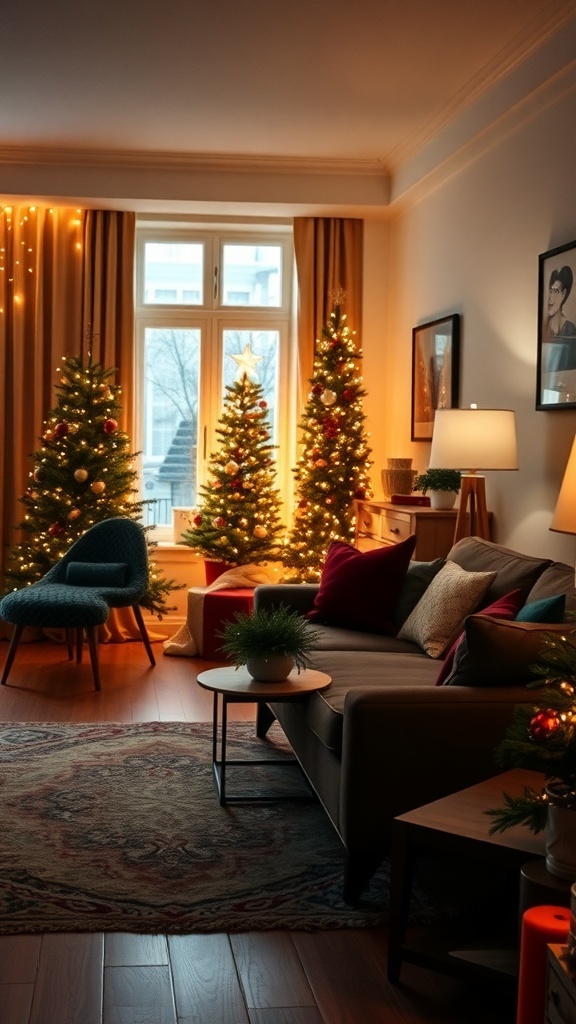 A cozy living room decorated for Christmas with two lit trees, warm lighting, and comfortable furniture.