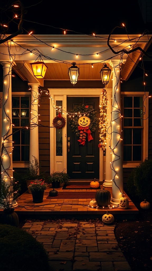 A Halloween porch decorated with string lights, lanterns, pumpkins, and autumn wreaths, creating a cozy and spooky atmosphere.