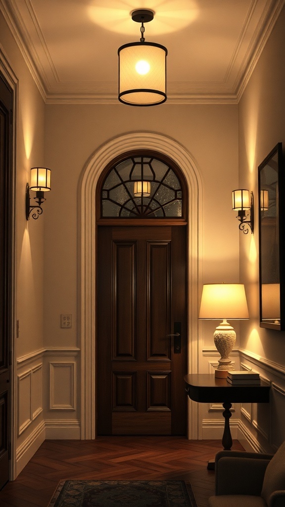 A well-lit entryway with layered lighting, featuring a central pendant light and wall sconces.