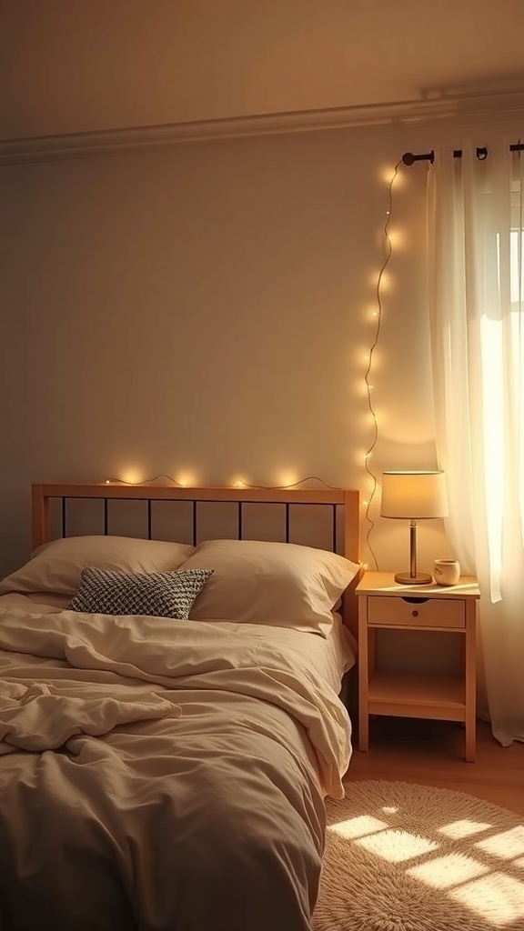 A cozy neutral bedroom with layered lighting, featuring fairy lights and a bedside lamp.
