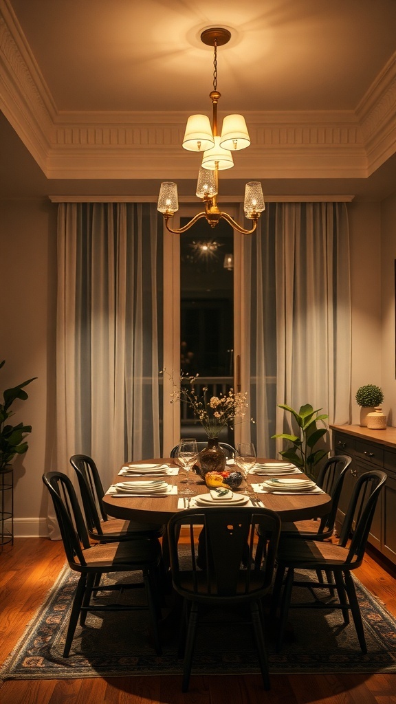 A cozy dining room with a chandelier, a set table, and soft curtains, showcasing layered lighting.