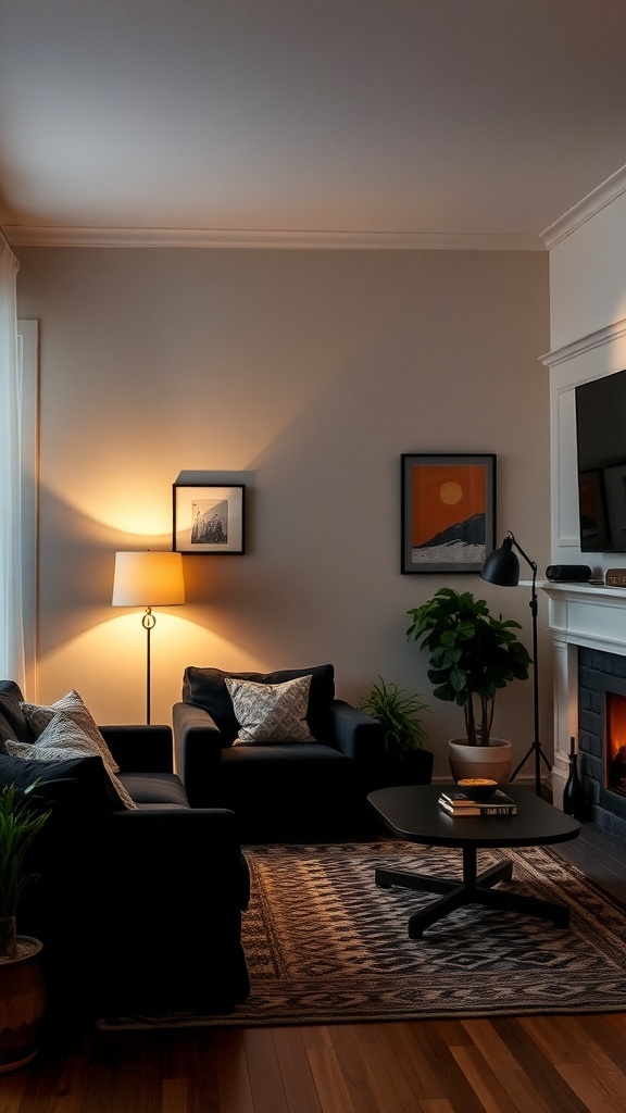A cozy living room featuring layered lighting with a floor lamp, table lamp, and natural light, showcasing dark furniture and plants.