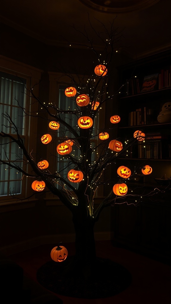 A Halloween tree with glowing jack-o'-lanterns and fairy lights, creating a spooky yet inviting atmosphere.