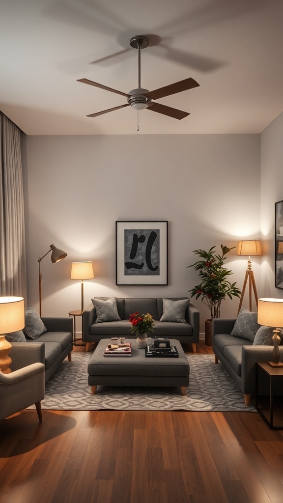 A cozy living room with layered lighting options, featuring a ceiling fan, floor lamps, and table lamps, creating a warm atmosphere.
