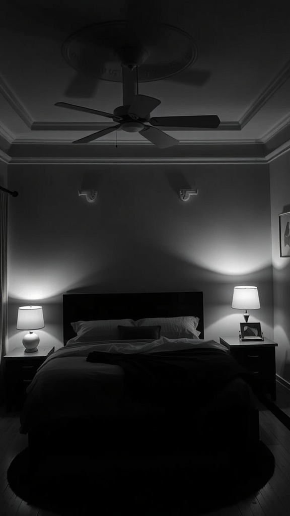 A stylish black and white bedroom with layered lighting from bedside lamps and a ceiling fan.