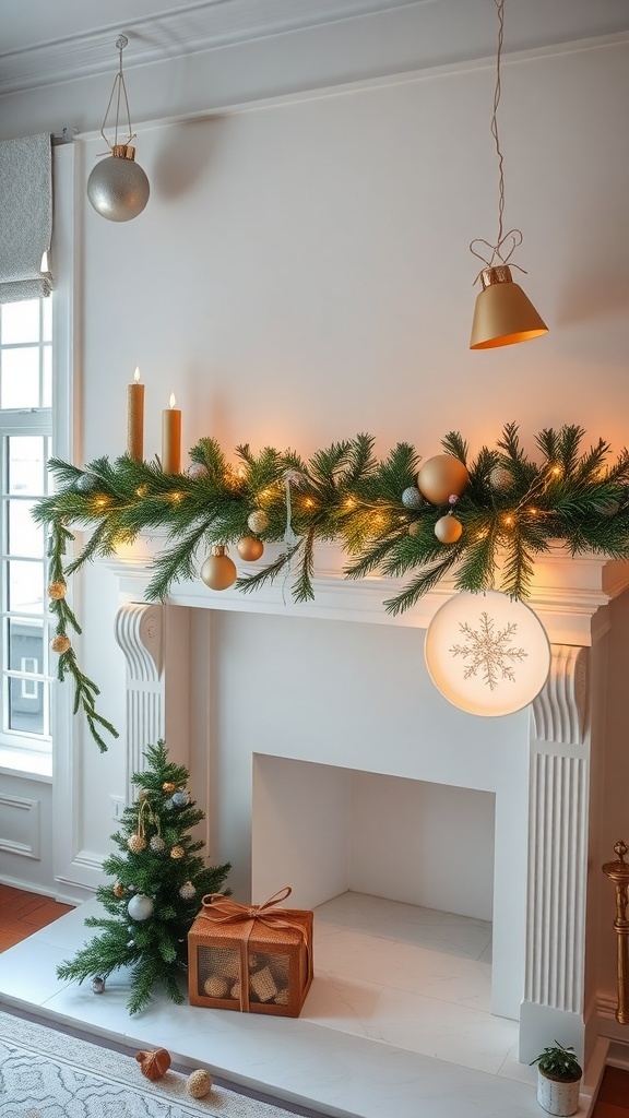 A beautifully styled mantel with a garland, candles, ornaments, and a small Christmas tree.