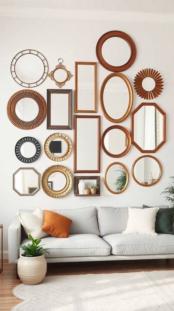 A layered gallery of various shaped mirrors on a wall above a light gray couch, creating a stylish focal point.