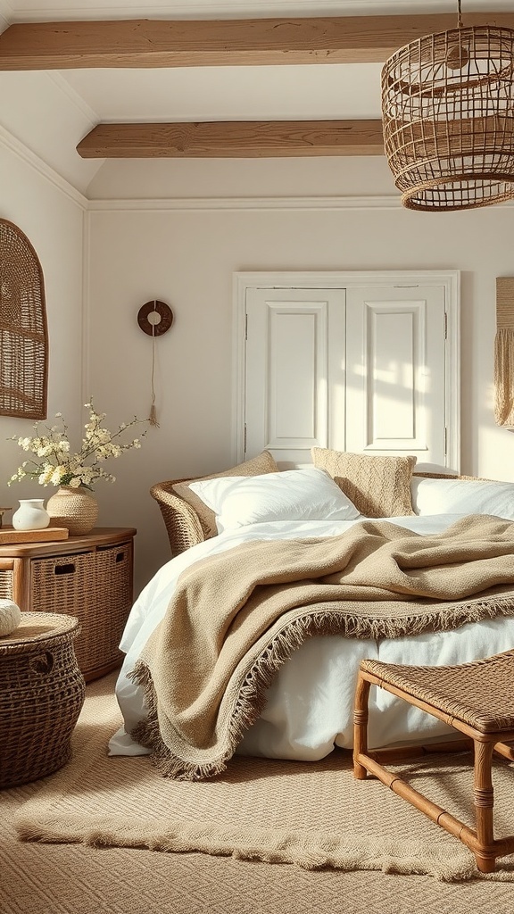 A cozy bedroom featuring layered natural textures with a warm taupe blanket, woven rattan furniture, and a textured rug.