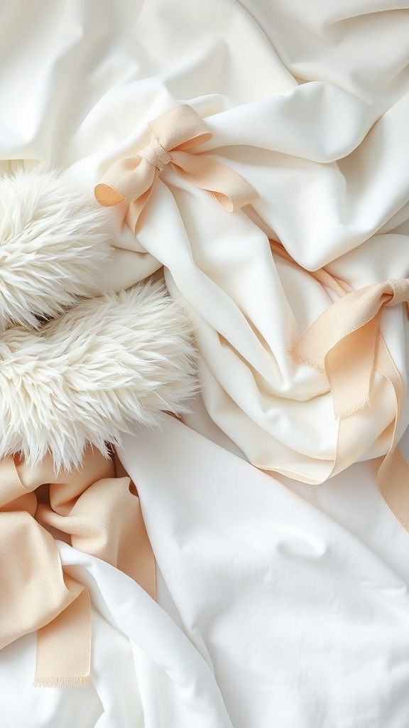 Layered white fabrics with a faux fur pillow and soft ribbons
