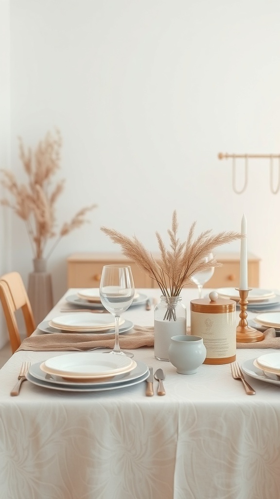 A dining table set with layered neutral tones, featuring stoneware plates, a clear wine glass, and pampas grass in a vase.